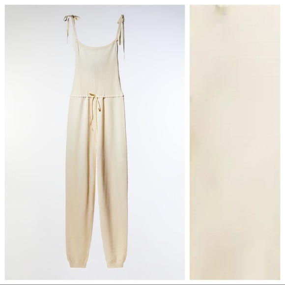 NWT. Zara Light Yellow Knit Long Pointelle Jumpsuit. Size L. - Picture 3 of 6